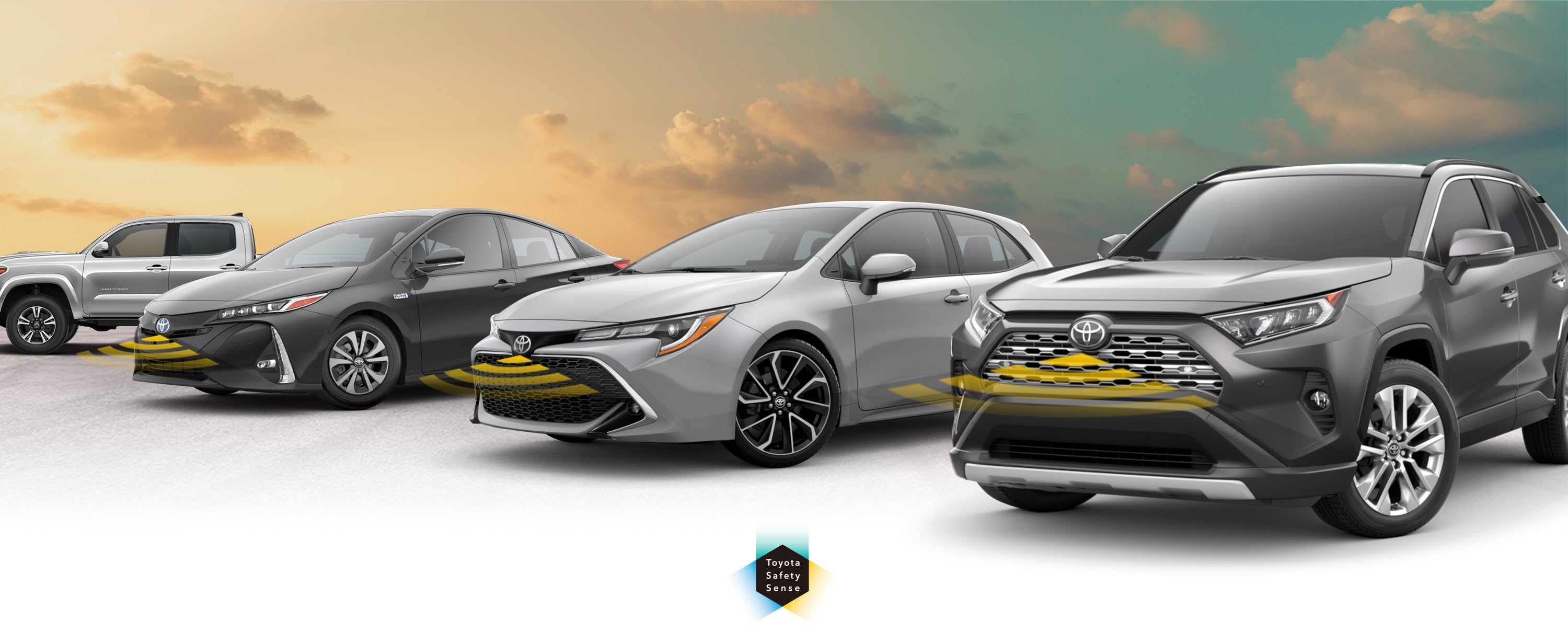 Toyota Safety Sense: Diseñado para la Seguridad. Opciones mostradas en modelos Toyota incluyendo RAV4, Tacoma, y Camry, disponibles ahora en Keyes Toyota en Van Nuys CA.